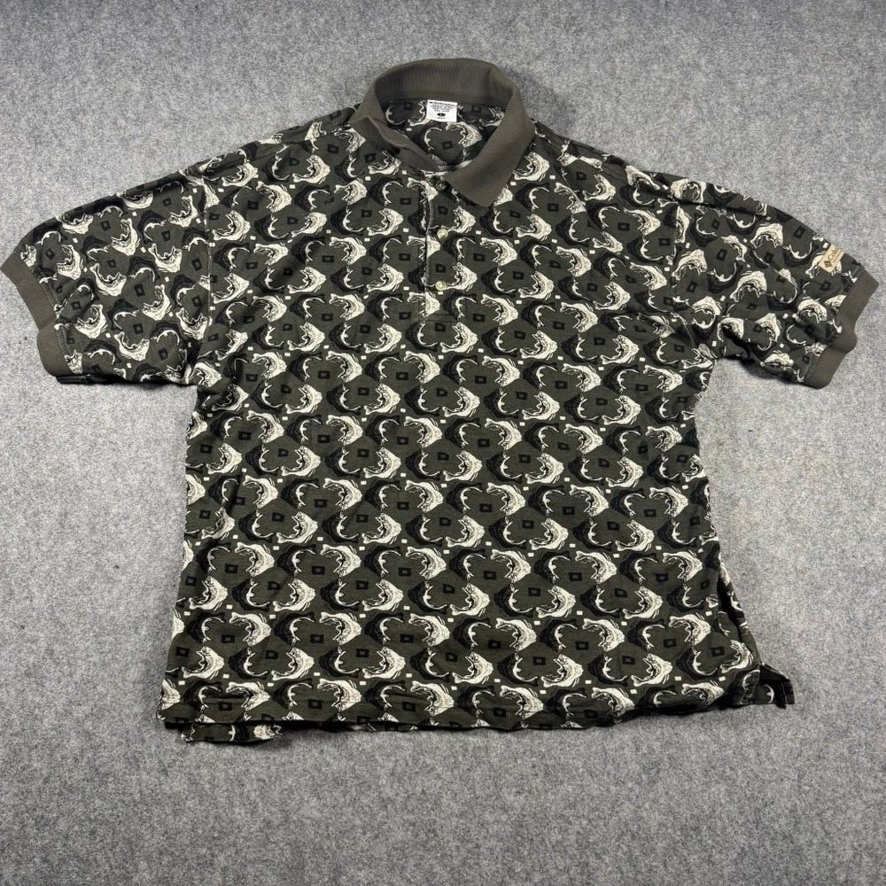 Columbia Sportswear Mens Large Green Fish Print Cotton Pique Polo Shirt Outdoors